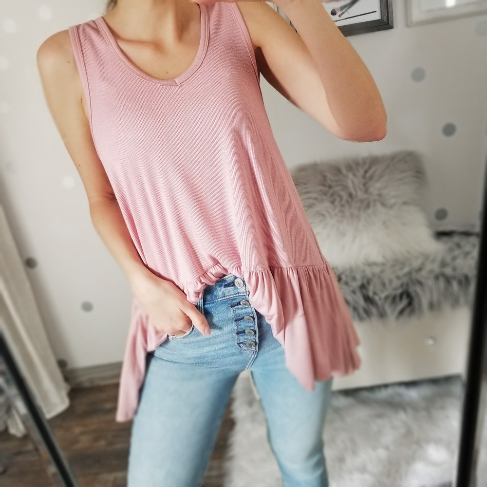 Rose Pink Spring Top Ruffle Rib Knit Layering Tank Top Summer Tops - Picture 3 of 9